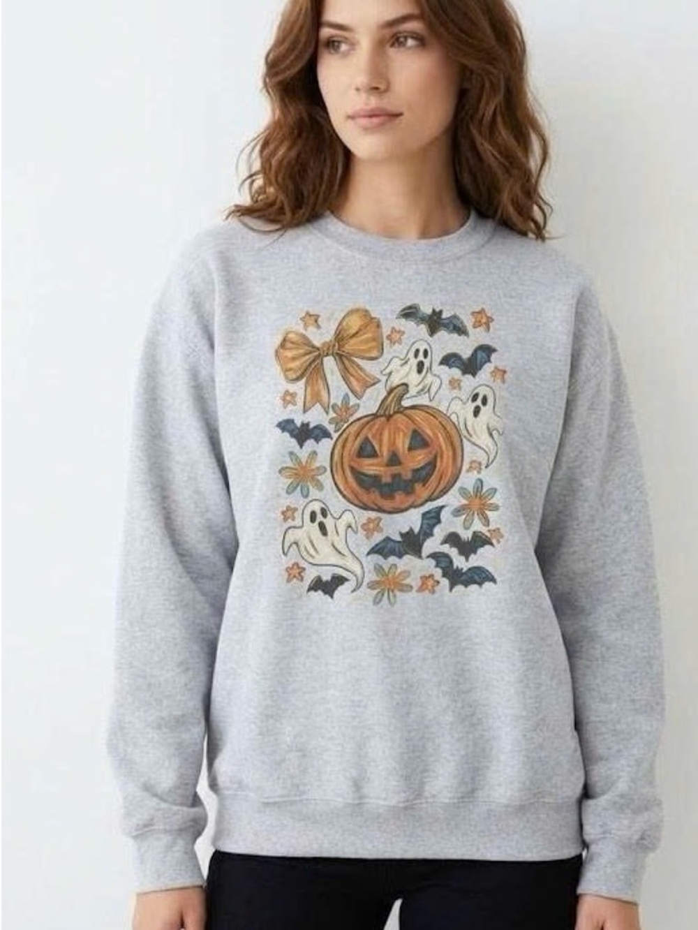 Vintage Halloween Pumpkin Bow Ghost Crewneck Sweatshirt Gray